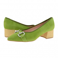 Zapatos medio tacón piel ante verde y adorno